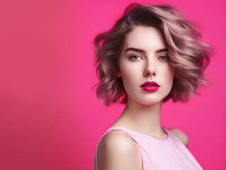 Beautiful 22 years old woman portrait studio photography isolated on pink background beauty marketing illustration. Generative Ai