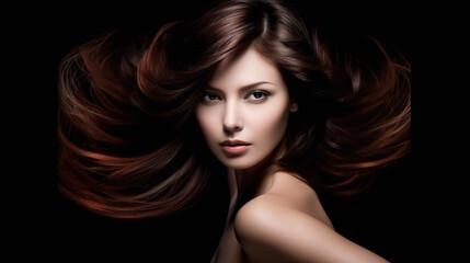 Fototapeta premium Fashion mixed race young woman brunette ginger waving hair coiffure advertising beauty marketing illustration. Generative Ai