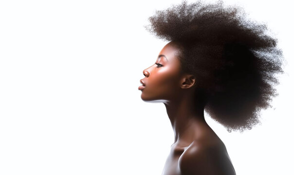 Young sensual African woman with naked shoulders and hairstyle posing isolated on white background illustration. Generative Ai