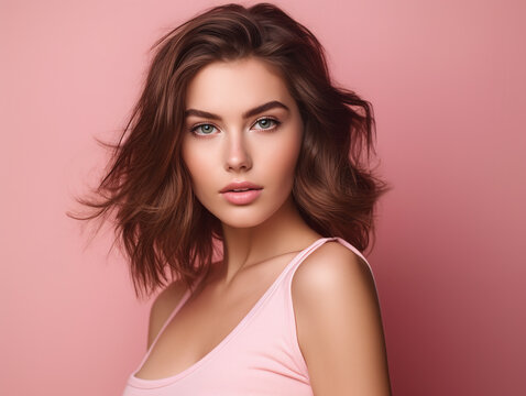 Adorable brunette young female model portrait studio photography for beauty marketing illustration. Generative Ai