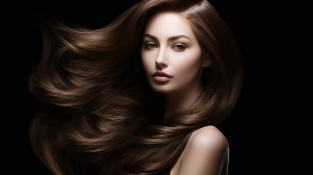 Portrait beautiful woman glossy healthy long waving hair hairstyle advertising beauty marketing illustration. Generative Ai