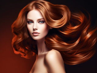 Fototapeta premium Hairstyle advertising with redhead beauty woman face waving hair golden colors at brown gradient illustration. Generative Ai