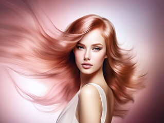 Naklejka premium Beautiful blonde woman portrait long hair style advertising posing pink light gradient background illustration. Generative Ai