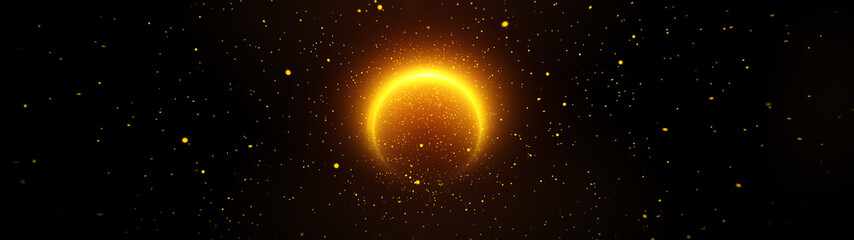 Banner golden circle with particle star dust and flares on black background.