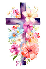 Religion purple cross with pink blossom natural flowers Holy Spirit clipart watercolor paint art illustration. Generative Ai