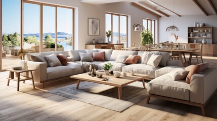 Interior design of modern scandinavian apartment, living room and dining room. Created with generative AI.