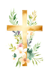 Watercolor hand painted greenery flowers around religious cross Holy Spirit clipart paint art illustration. Generative Ai