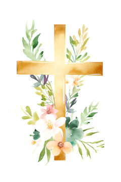 recommend clip art: Watercolor hand painted greenery flowers around religious cross Holy Spirit clipart paint art illustration. Generative Ai