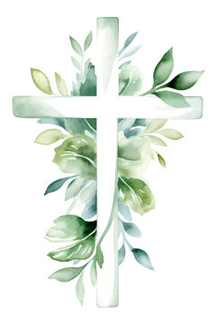 Religious cross with greenery leaves frame floral decor watercolor paint splash art paint illustration. Generative Ai