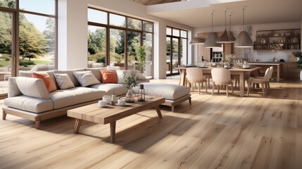 Fototapeta premium Interior design of modern scandinavian apartment, living room and dining room. Created with generative AI.