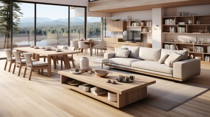 Fototapeta premium Interior design of modern scandinavian apartment, living room and dining room. Created with generative AI.