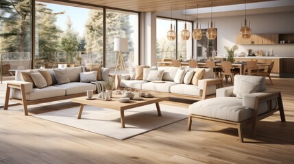 Fototapeta premium Interior design of modern scandinavian apartment, living room and dining room. Created with generative AI.