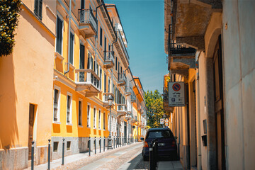 Fototapeta na wymiar Buildings and architecture of the city. Historic center of Novara city. Italy, Piemonte. Full frame. 