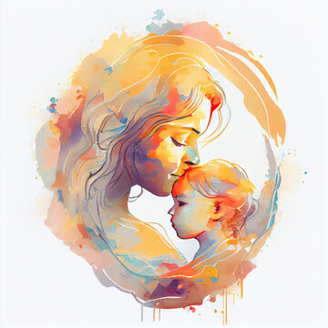 Mother kiss baby love tender abstract circle frame soft pastel color contour watercolor paint
