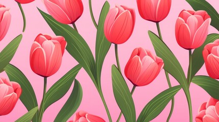 Tropical seamless pattern with tulips on background, fruit repeat background, bright print vector for fabric or wallpaper.