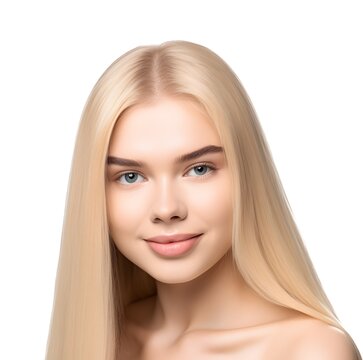 Romantic young blonde woman with long hair and green eyes isolated on white photography transparent png. Generative Ai