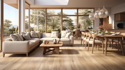 Obraz premium Interior design of modern scandinavian apartment, living room and dining room. Created with generative AI.