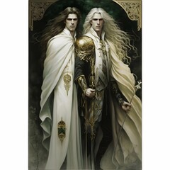 fullbody characterart nouveau poster of 2 young male gods one with silver long hair with white and black cloakanother with golden hair green eyes god of life with golden and white cloakintrincate 