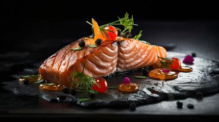 Salmon on a wooden table with a blurred background