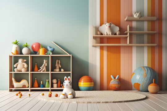 a close-up shot of a playroom with various toys on the floor