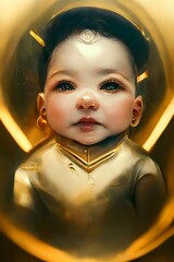 surreal futuristic baby gold portrait art deco art 3d occlusion 8k highly detailed hyperreal hdr realistic 