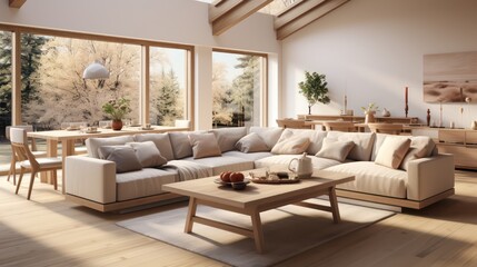 Interior design of modern scandinavian apartment, living room and dining room. Created with generative AI.