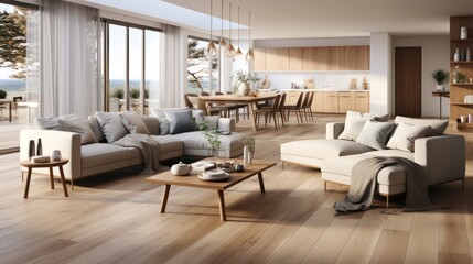 Fototapeta premium Interior design of modern scandinavian apartment, living room and dining room. Created with generative AI.