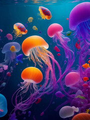 Colorful jellyfish under the sea, Generative AI Illustration.