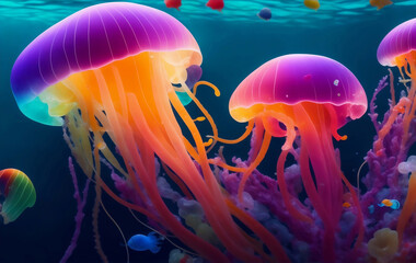 Naklejka premium Colorful jellyfish under the sea, Generative AI Illustration.