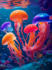 Fototapeta na wymiar Colorful jellyfish under the sea, Generative AI Illustration.