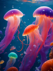Fototapeta na wymiar Colorful jellyfish under the sea, Generative AI Illustration.