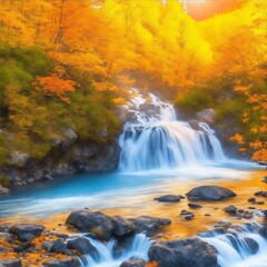 Fototapeta na wymiar Waterfall at mountain river in autumn forest at sunset;Generated to AI