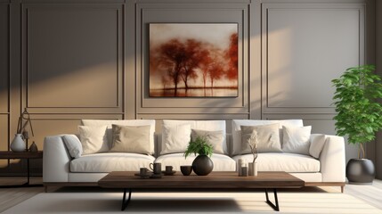 Modern interior design of living room with white sofa, coffee table, soft stucco wall. Created with generative AI.
