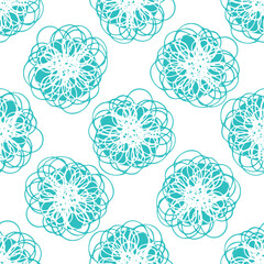 Abstract blue white flower vector seamless pattern background. Modern scribble effect florals on white backdrop. Wildflower design. Botanical summer flowers cottagecore duotone repeat