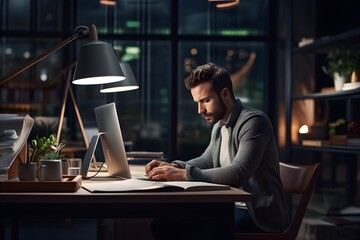 A thought-provoking photograph of a determined entrepreneur working diligently at a modern office desk, symbolizing ambition, innovation, and the pursuit of success. - obrazy, fototapety, plakaty
