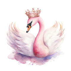 Cute watercolor swan princess. Illustration Generative AI.