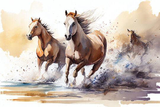 Watercolour abstract animal painting of brown horses running through a river which could be used as an equine poster or flyer, computer Generative AI stock illustration image
