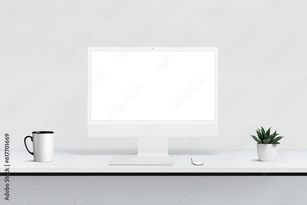 Poster display mockup. clean, flat composition of office desk with computer display, keyboard, mouse, coffe