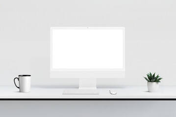 Display mockup. Clean, flat composition of office desk with computer display, keyboard, mouse, coffee mug and plant