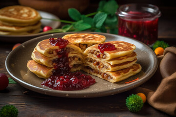 Delicious pancakes with jam and fruit, AI Generated