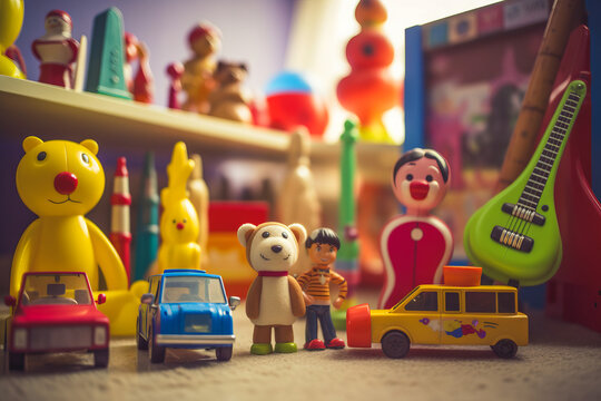 a close-up shot of a playroom with various toys on the floor