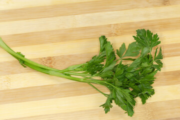 Twig of the fresh parsley on a wooden surface
