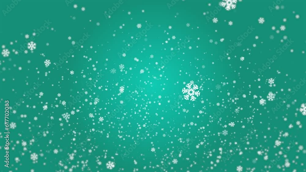 Poster 3d rendered animation of falling snowflakes isolated on the empty turquoise background