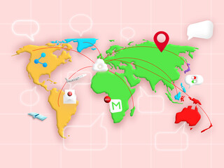 Map world color with speech, transparent, pin, email, satellite, share, storage cloud loading, airplane  and on-off on background. Illustration 3D for content communication around the world 