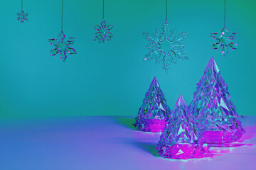Digital distorted interlaced Christmas trees on abstract futuristic cyberpunk background with motion glitch effect. Retro futurism, Cyber Xmas vaporwave design, rave 80s 90s aesthetic, copy space