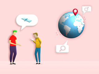 People standing talk about satellite to the world with glob, location and magnifying glass speech on background. Man talking about global communication system. Illustration 3D for content network 