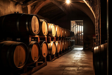 Long rows of oak wine barrels in the cellar. Generative AI illustration.