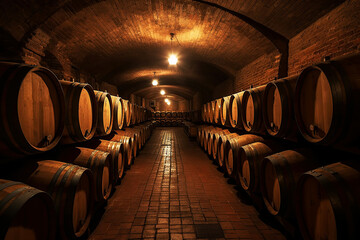 Smooth rows of oak wine barrels in the cellar. Generative AI illustration.
