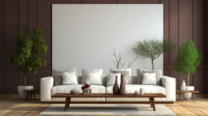 Modern interior design of living room with white sofa, coffee table, soft stucco wall. Created with generative AI.