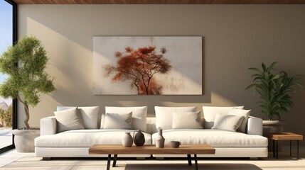 Modern interior design of living room with white sofa, coffee table, soft stucco wall. Created with&nbsp;generative&nbsp;AI.